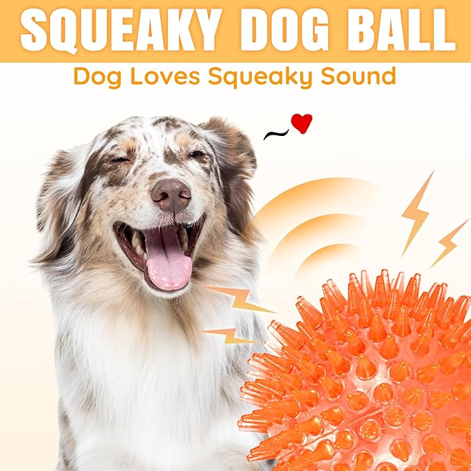 LECHONG 6-Pack 3.5” Squeaky Dog Balls, Durable Soft Spiky Chew Rubber Fetch Toy Balls for Large Medium Aggressive Chewers Teeth Cleaning Chewing Playing Training & Boredom Buster Indoors Outdoors