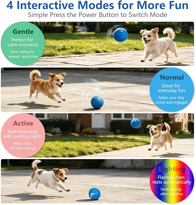 Interactive Dog Ball, Automatic Dog Toy, Vibrating Dog Ball with 4 Play Modes, Moving & Bouncing Ball for Dogs, Smart Self Rolling Dog Toy for Small Medium Dogs, USB-C Rechargeable, Blue