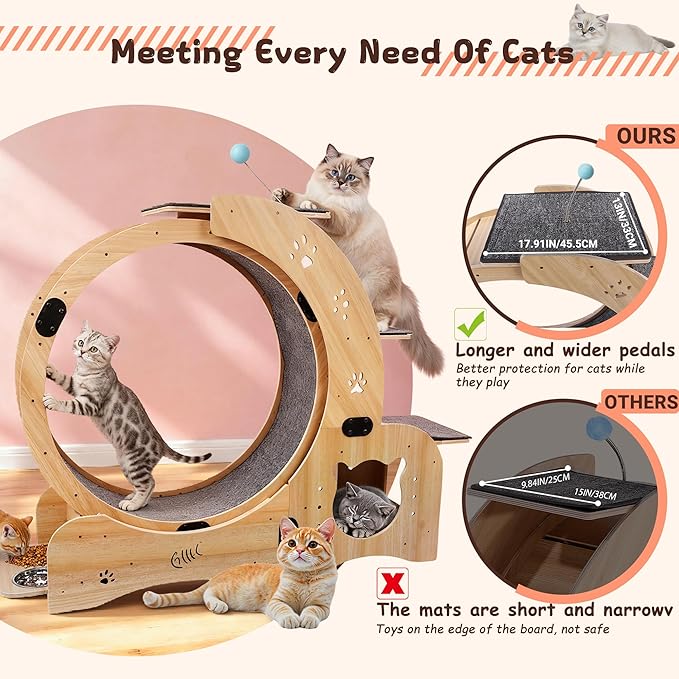 55-inch cat Wheel, 6-in-1 cat Wheels for Indoor Cats, Scratching Board, Detachable mat, Climbing Frame, nest & Toys, Multi-Functional Indoor Pet Activity Center/Walking/Training
