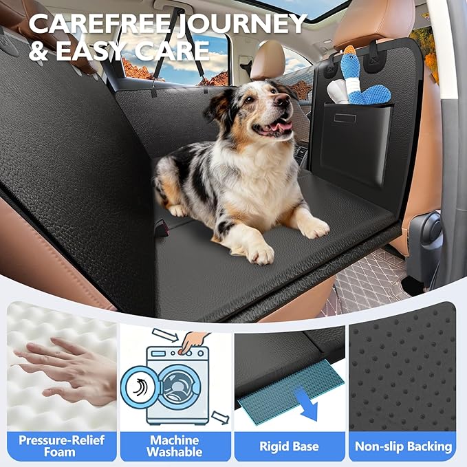 Back Seat Extender for Dogs-Large Space, Hard Bottom Egg Crate Foam Soft Dog Car Seat Cover Holds 420lbs, Sturdy Backseat Extender, Waterproof Pet Car Bed Dog Hammock for Car, SUV, Truck