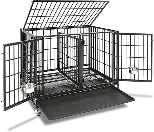 Homey Pet Stackable 43 inch Dog Crate Cage Kennel Indoor with Divider, 2X Steel Bowls, 4X Lockable Wheels, Tray, Heavy Duty Wire Dog Crates for Large/Medium/Small Dogs (Tall Model)