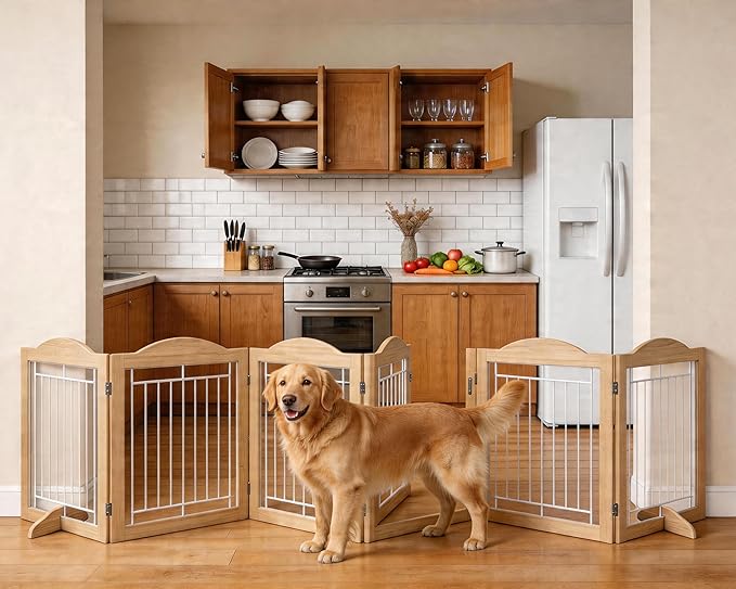 Vantas Folding No-Assembly Dog Door Pet Gate 144" Wide, 30" Tall Wooden Dog Gate with Door Walk Through, Freestanding Wire Safety Fence for Puppies, with 2PCS Support - Natural White