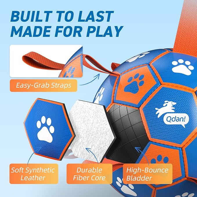 QDAN Dog Ropes Toys Soccer Ball with Straps, Puppy Birthday Gifts, Tug Toy, Durable Dog Balls for Medium & Large Dogs- Blue Orange(8 Inch)