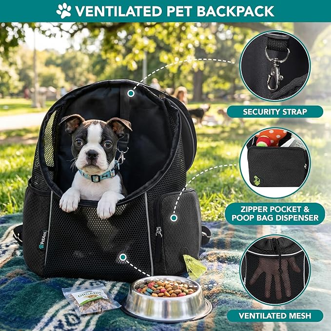 PetAmi Dog Carrier Backpack, Hands Free Front Pet Carrier for Small Medium Cats Puppies, Adjustable Ventilated Reflective Pet Travel Bag for Hiking Camping Biking Walking, Up to 14 lbs, Black