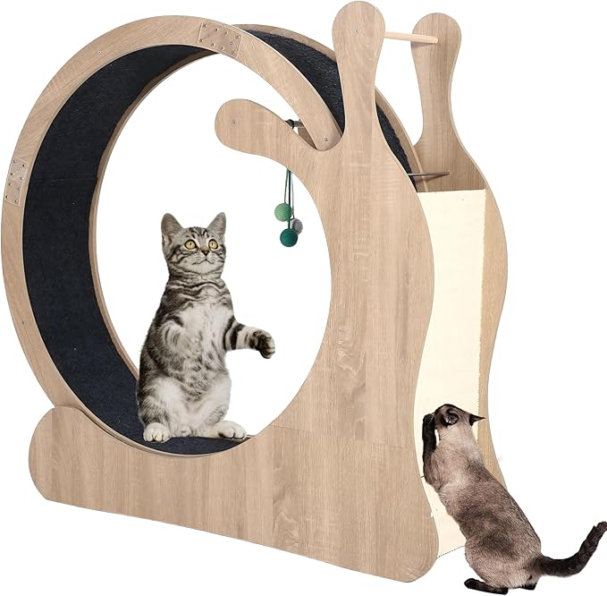 Large Cat Running Wheel, Cat Wheel for Indoor Cats 33.5" Inner Diameter Wood Pet Treadmill with Scratching Board and Playing Balls Quiet Cats Wheel Exerciser Natural Wood