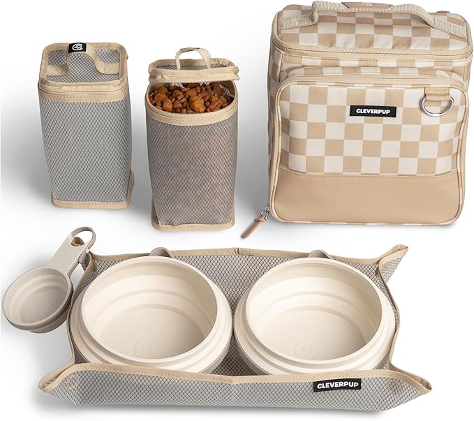 Cleverpup, Large 7-Piece Bistro Box Dog Food Travel Kit, 12-Cup Kibble Storage, 2 Silicone Bowls, Mat & Scoop - Premium Portable Pet Food Kit for Weekends, Overnights, Daycare & Camping, Checkerboard