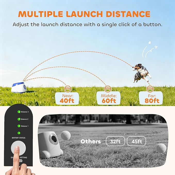 PawHut Automatic Dog Ball Launcher, Rechargeable Dog Ball Thrower with Remote Control, 3 Adjustable Distance (39ft/59ft/78ft), 6 ETPU Tennis Fetch Toys 2.5", for Medium Large Breeds, Blue