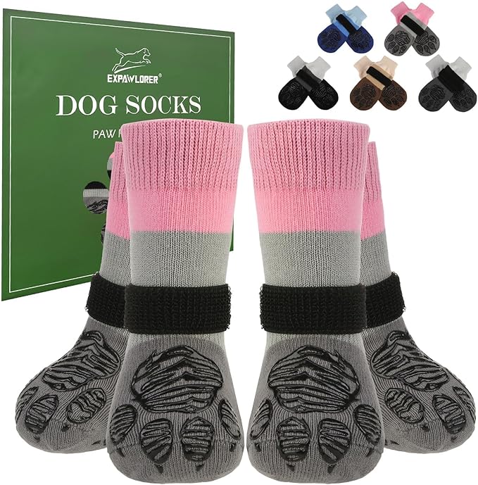 EXPAWLORER Anti Slip Dog Socks to Prevent Licking Paws, Dog Shoes for Hot Pavement, Dog Booties for Hardwood Floors, Dog Boots & Paw Protectors with Grippers for Small Medium Large Senior Dogs Pink S