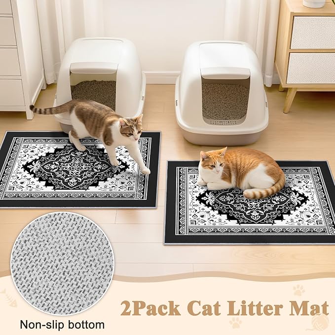 Bienbee Cat Litter Mat, 2PCS 33"x22" Machine Washable Litters Box Mats Non-Slip &Waterproof Cat Litters Trapping Mats Easy to Clean Mat for Litter Box Less Waste Protects Floors Black L