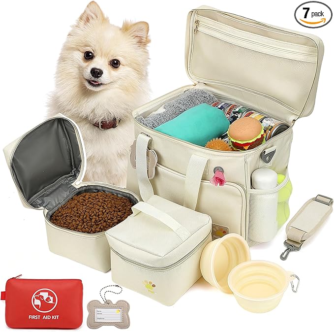Pet Travel Bag, Large Beige Dog Carrier with Multiple Compartments and Adjustable Straps, Dog Suitcase for Weekend Camping, Pet Diaper Bag for Travelling(Beige)