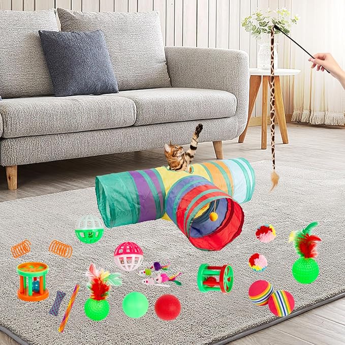 22 Pcs Cat Toys for Indoor Cats Collapsible 3 Way Cat Tunnel Interactive Feather Teaser Wand Ball Toy for Kitten Cats (22pcs-3 Way)
