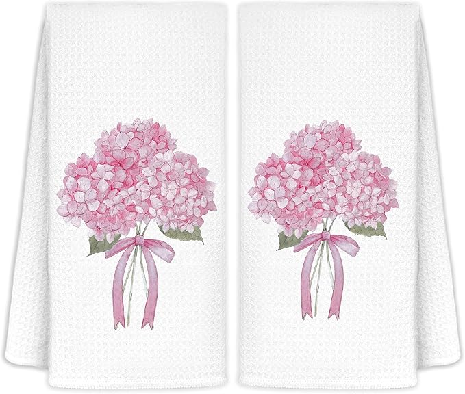 Coquette Pink Hydrangea Floral Hand Towels for Bathroom Spa Gym, Preppy Aesthetic Floral Kitchen Towels, Rustic Hydrangea Flower Dish Tea Towels for Kitchen Decor, 16x24 Inch Set of 2