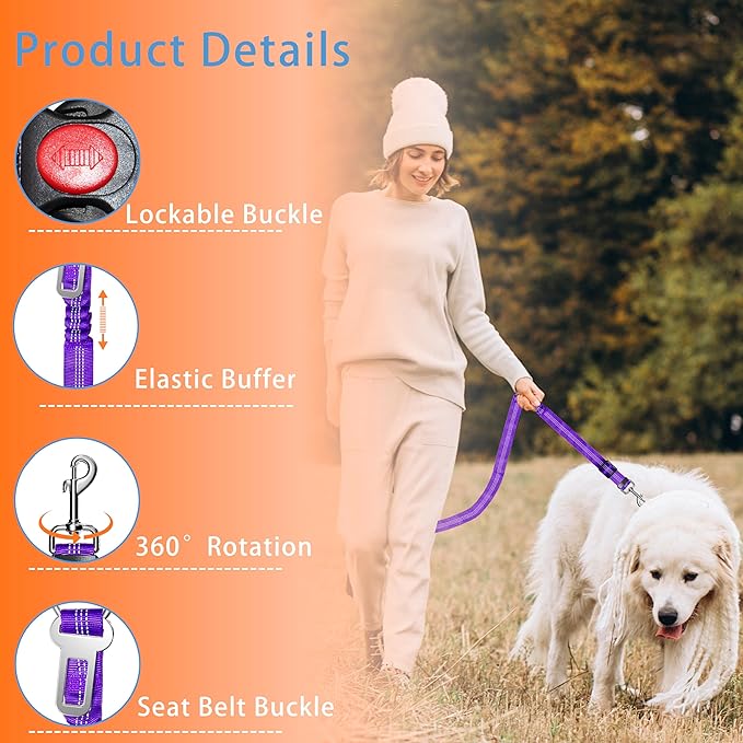 Seyezo 3-Piece Dog Car Harness Set - Retractable, Adjustable, Reflective Dog Seatbelt for Vehicle Headrests, Heavy Duty & High Elastic, Purple