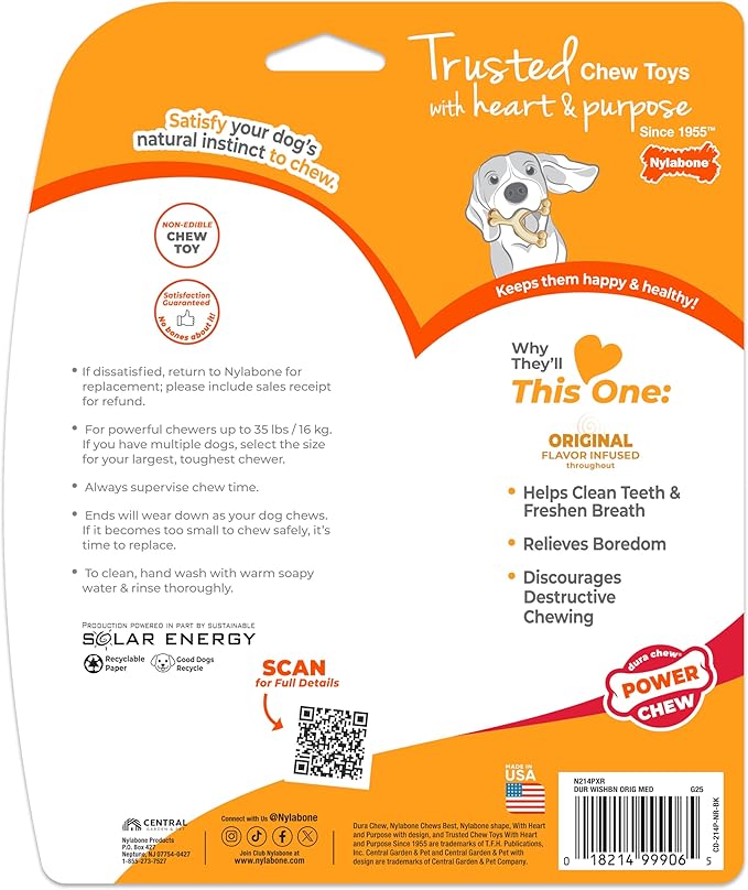 Nylabone Original Wishbone Power Chew Toy for Dogs, Dog Toys for Aggressive Chewers, Original Flavor, Medium - Up to 35 lbs, 1 Count