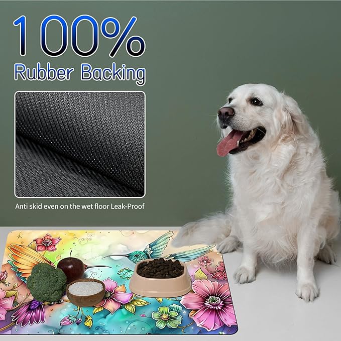 Dog Food Mat, 15.7" x 23.6" Absorbent Pet Feeding Mat for Food and Water, Waterproof Diatom Mud Pet Placemat with Non-Slip Rubber Backing, Cat Bowl Mat for Floors - Hummingbird Flower 2