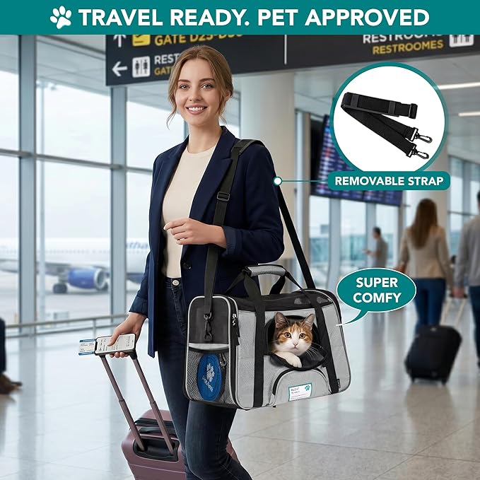 PetAmi Airline Approved Pet Carrier for Cats & Small Dogs, Soft Sided TSA Travel Carrier Bag with Sherpa Bed, Breathable Mesh Ventilation, Collapsible Bowl, Fits Under Seat, Up to 18 lbs, Large Gray