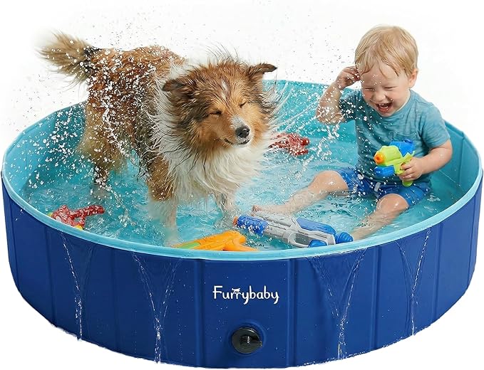 Furrybaby Dog Pool, Kiddie Pool with Hard Plastic Foldable Dog Bath Tub Portable for Dogs, Kids and Pet Swimming (Navy 39'') Indoor and Outdoor