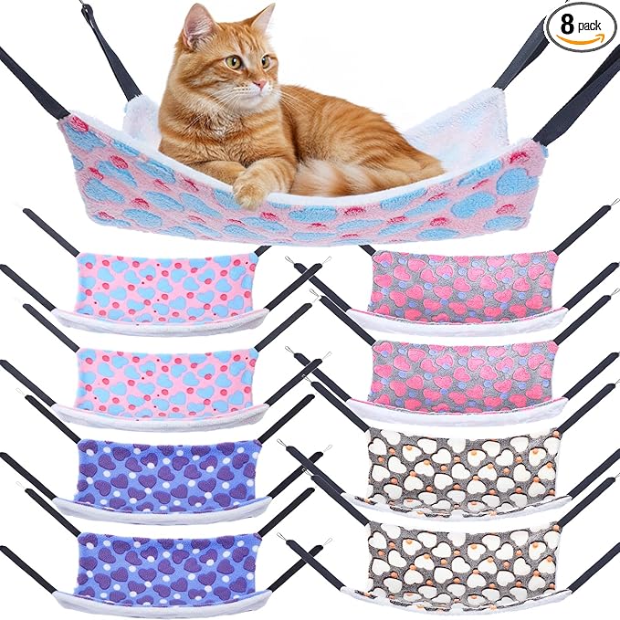 8 Pcs Cat Hammock for Cage, Pet Hammock Bed, Reversible Hanging Cat Hammocks Soft Bed, with Straps and Metal Hooks for Kitten Indoor Puppy Rabbits Feral Animals Shelters(Heart Style)