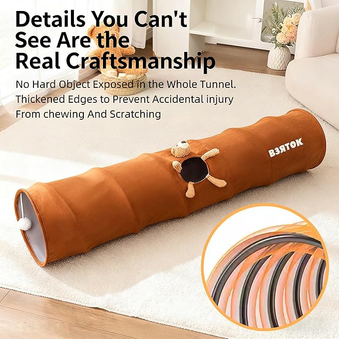 Cat Tunnel for Indoor Cat Tube Collapsible Cat Tunnel Bed with Hanging Ball,Play Tunnel for Kitten,Kitty,Puppy,Rabbit,Funny Interactive Cat Toy Gift for Cat Lover(Bear,47.2″x10″x10″)