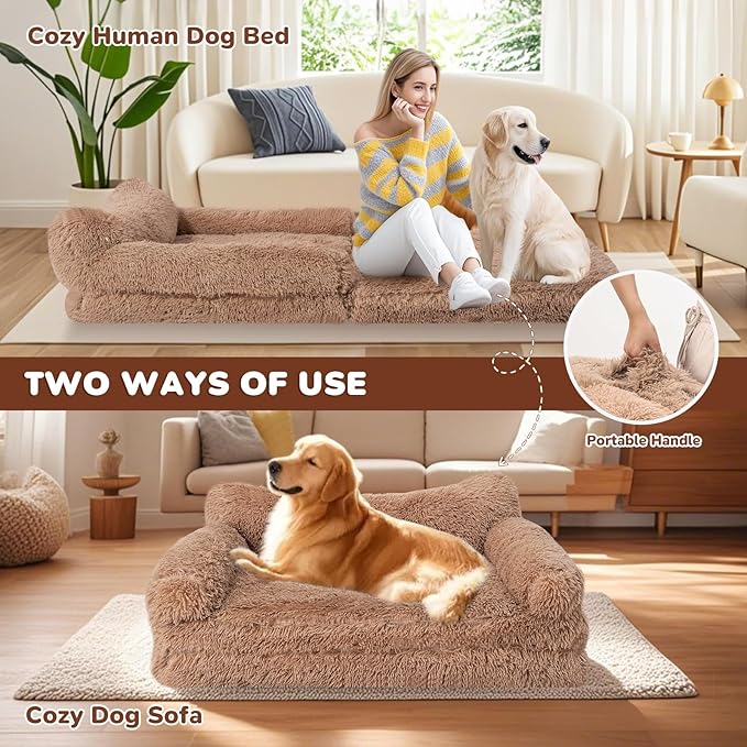 OtterOasis Foldable Human Dog Bed for Adults, Fluffy Human Sized with Blanket, Orthopedic Washable Dog Bed with Memory Foam and Water Repellent Liner for Pet (Brown, 72 * 44 * 10 inch)