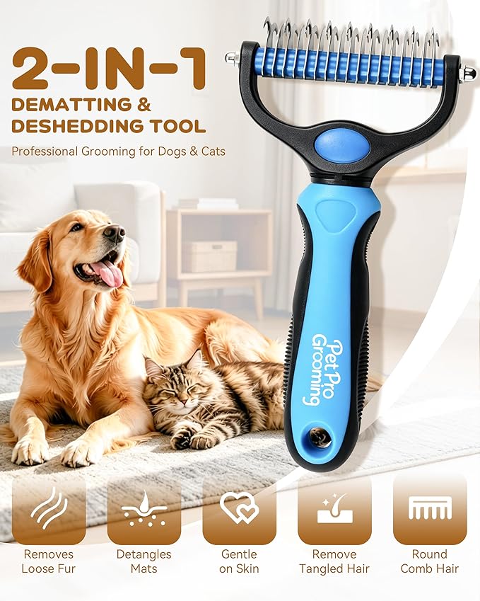 Pet Pro Grooming Tool, Dematting Comb for Dogs and Cats, Deshedding Dog Brush, Undercoat Rake for Dogs, Removes Tangles Knots and Loose Fur, Grooming Tool for Thick Coats (Yellow)