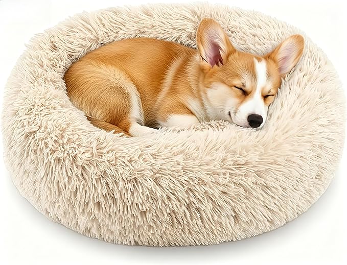 Calming Donut Dog and Cat Bed for Indoor Cats, Anti-Anxiety Round Fluffy Soft Washable Small Pet Bed for Puppy and Kitten, Warming Comfortable Luxury Anti-Slip Waterproof Mute Base 20in Light Brown