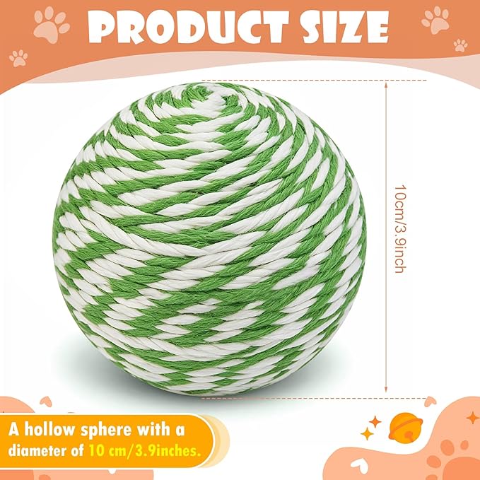 3.94 inch Sisal Cat Ball Toy, Interactive Natural Cat Scratching Ball, Perfect Scratcher for Cats' Exercise and Fun (White and Green Stripes)