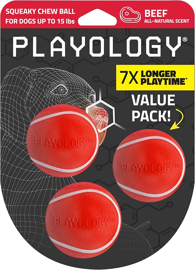 Playology Dog Toys | Squeaky Chew Ball for Dogs, Value 3-Pack | Beef Scented Small Dog Balls | Bouncy Floating Chew Toys for Fetch