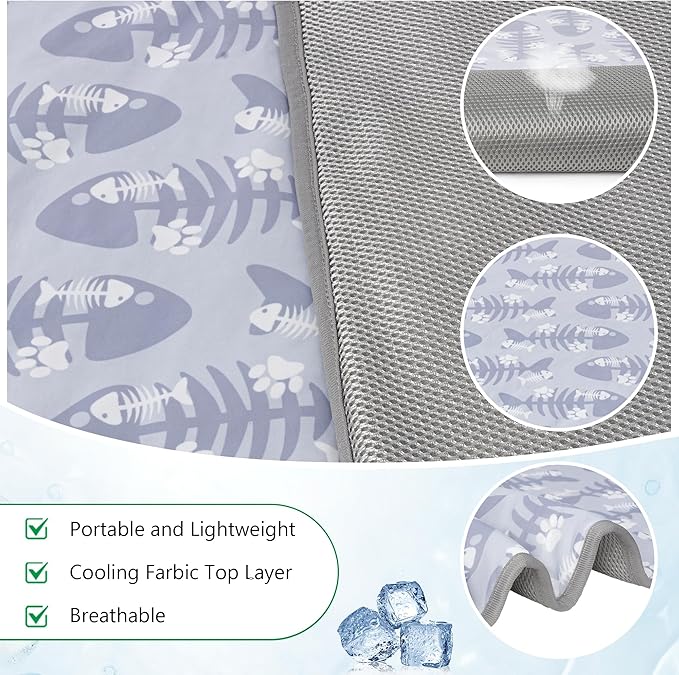 DELIFUR Cat Cooling Mat- Pet Cooling Mat Outdoor for Dogs Ice Pad for Kitten Cat Puppy Machine Washable (Medium, Grey Fishbone)