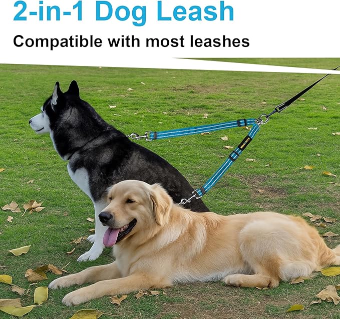 MingXpet Double Dog Leash for Two Dogs, No Pull Dog Leash, 360° Swivel No Tangle for Medium Dogs Walking & Training, Shock Absorbing Reflective Bungee, Blue