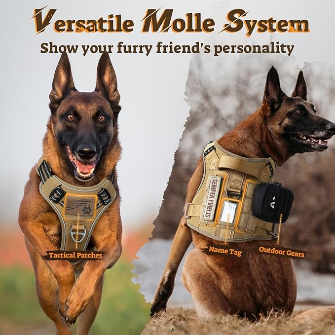 rabbitgoo Tactical Dog Harness for Large Dogs No Pull Adjustable Military Vest with Handle MOLLE Reflective Heavy Duty Dog Vest for Walking Training Hunting Outdoor Working Medium Size Dog Brown XL
