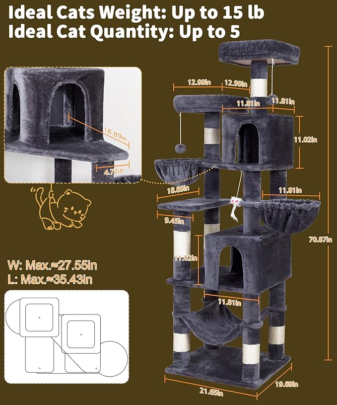 AMHANCIBLE 70 Inch Cat Tree for Large Cats, Multi-Level Cat Tower Condo with 2 Houses & Hammock for Indoor Cats, Tall Heavy Duty Kitty Playhouse, Dark Grey, PT18DG