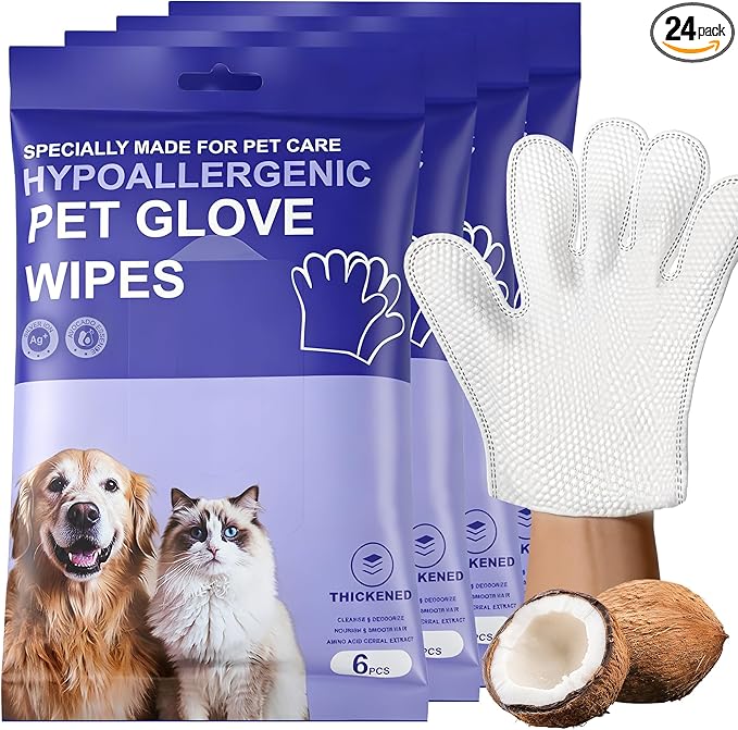 Pet Glove Wipes for Dogs Cats, Grooming Deodorizing Puppy Face Paws Fur and Butt Gloves Wipe, Unscented Extra Thick Travel Cleaning Care Hypoallergenic No Rinse Disposable Bathing Dog Wipes, 24 Pcs