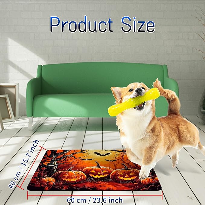 Dog Food Mat, 15.7" x 23.6" Absorbent Pet Feeding Mat for Food and Water, Waterproof Diatom Mud Pet Placemat with Non-Slip Rubber Backing, Easy Clean Cat Bowl Mat for Floors - Pumpkin Forest