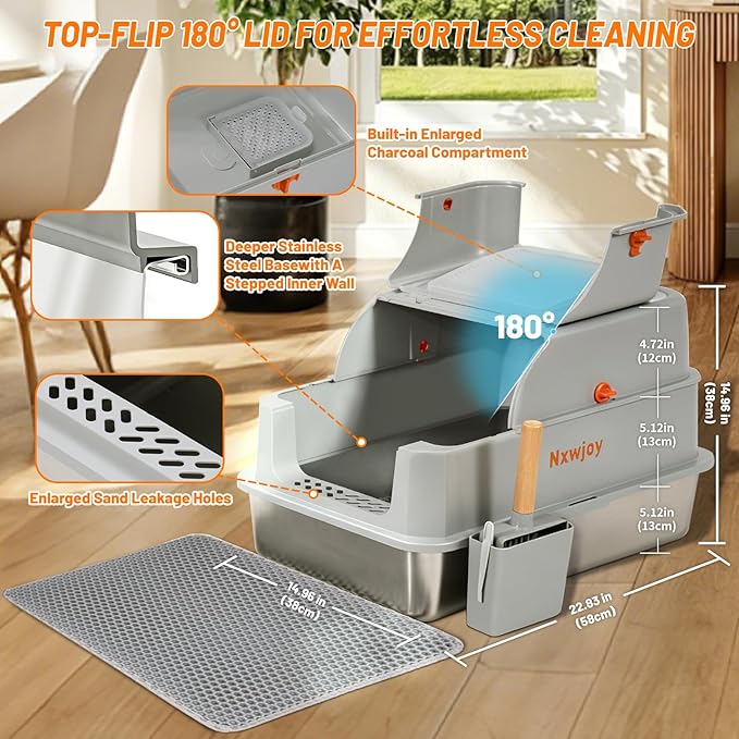 Stainless Steel Litter Box with Lid Cat Metal Litter Box Enclosure Covered Litter Box High Sided Extra Large Litter Boxes for Big Cats with Cat Litter Deodorizer Scoop Mat Grey