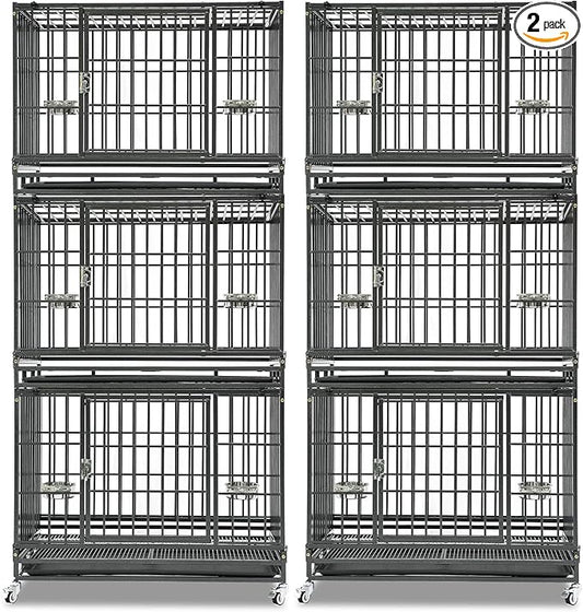 Homey Pet 2 Pack Three Tiers 37 Inch Dog Crate, Escape Proof Dog Cage Kennel Indoor with Top Access and Lockable Wheels, Removable Tray, Heavy Duty Dog Crates for Medium/Small Dogs