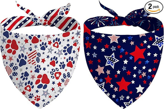 4th of July Dog Bandana Reversible 2 Pack Small, Red White and Blue Dog Paw Star Patriotic Dogs Bandanas Set Adjustable Triangle Holiday Scarves for Memorial Day Small Medium Boy Girl Dogs