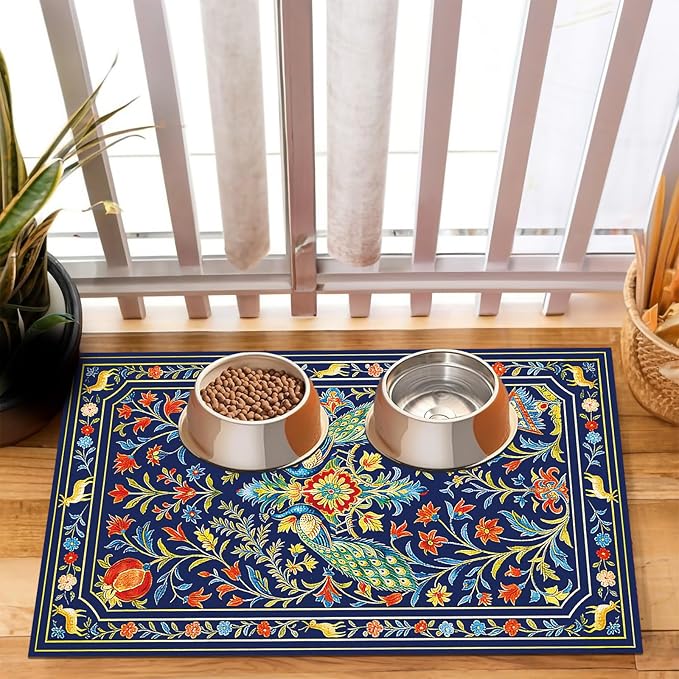 Pet Dog Cat Food Mat, Absorbent Dog Bowl Mat for Food and Water, Quick Dry Placemats Feeding Mats with Non Slip Rubber for Floors Indoor Puppy Pet Accessories Supplies 17 * 30 inch, Animal