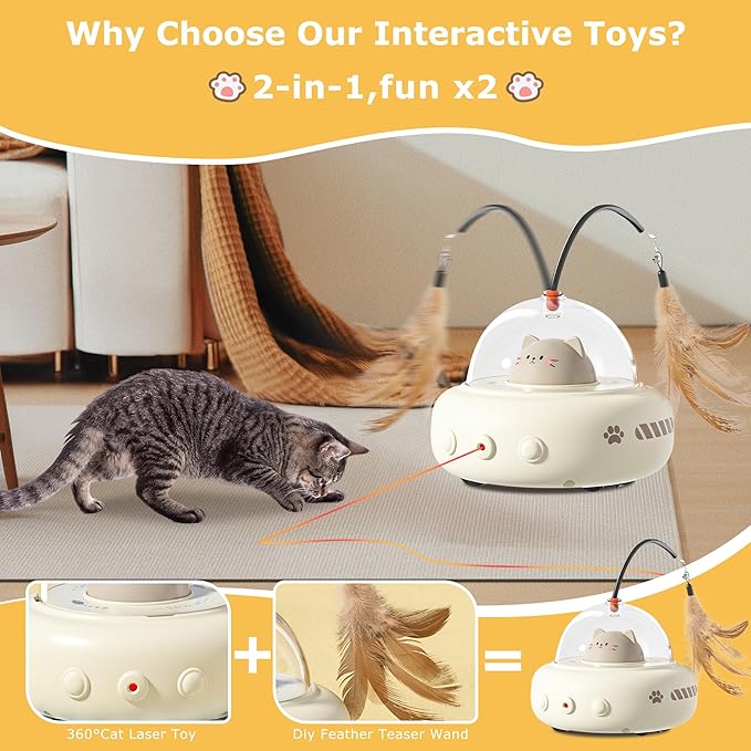 hooroor 2-in-1 UFO Laser Cat Toy with Feather, Automatic Motion Smart Sensor Interactive Toy for Indoor Cats&Small Dogs, Rechargeable Obstacle-Avoidance Exercise Toy, Self-Play Pet Gift White