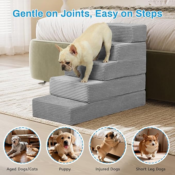 Dog Stairs for Small Dogs, 22" H Dog Steps for High Bed, 5 Steps 3 in 1 Foldable Pet Ramp for Large Cats Climb, Transformable Large Cats Ramp to Get on Couch, Non-Slip Balanced, Light Grey