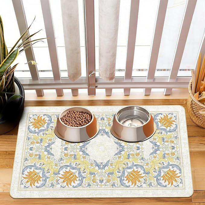 Pet Dog Cat Food Mat, Absorbent Dog Bowl Mats for Food and Water, Non Slip Boho Dogs Cat Placemats Feeding Mat for Floors Indoor Puppy Pet Accessories Supplies 16 * 24 inch, Khaki
