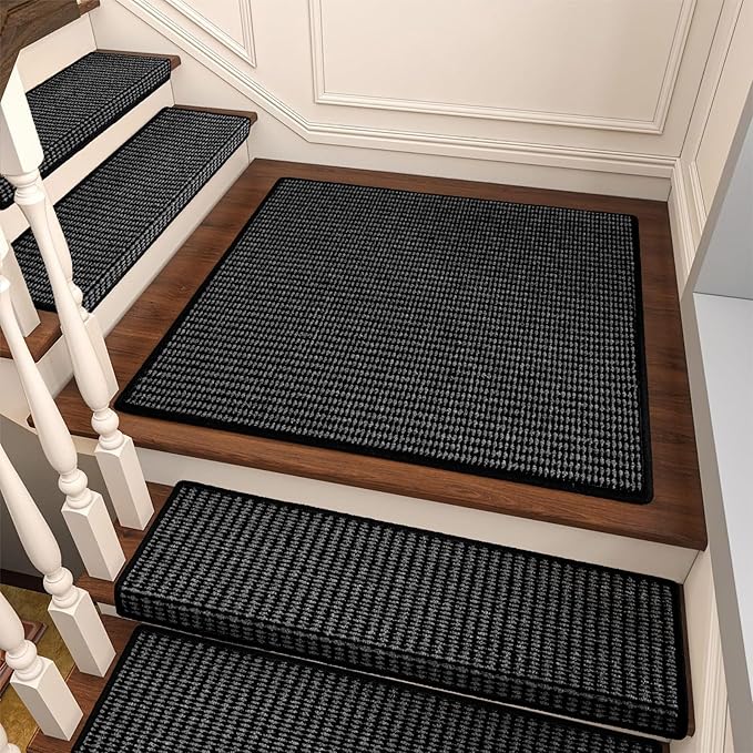 Brakki Bullnose Carpet Stair Treads, Non Slip Landing Mat for Wooden Steps Indoor, Soft Stair Rugs for Pets, Indoor Doormat for Kitchen Bathroom, Washable, 30"x30" 1pc, Black and Grey
