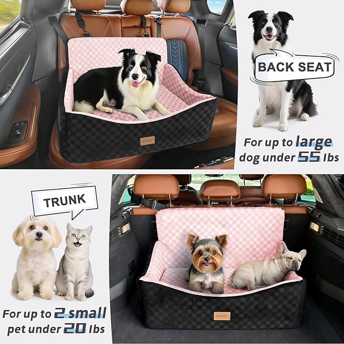 JOEJOY Dog Car Seat for Medium/Large Dogs - Reversible Dual-Sided Travel Dog Car Bed with Memory Foam, Washable Pet Booster Seat for Do gs up to 55 lbs or 2 Small Dogs, 2 Safety Leashes, Pink