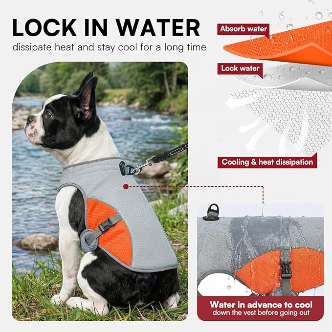 Dog Cooling Vest for Medium Dogs, Dog Cooling Jacket with Mesh and D Ring, Pet Reflective Stripe Jacket for Summer, Orange-M