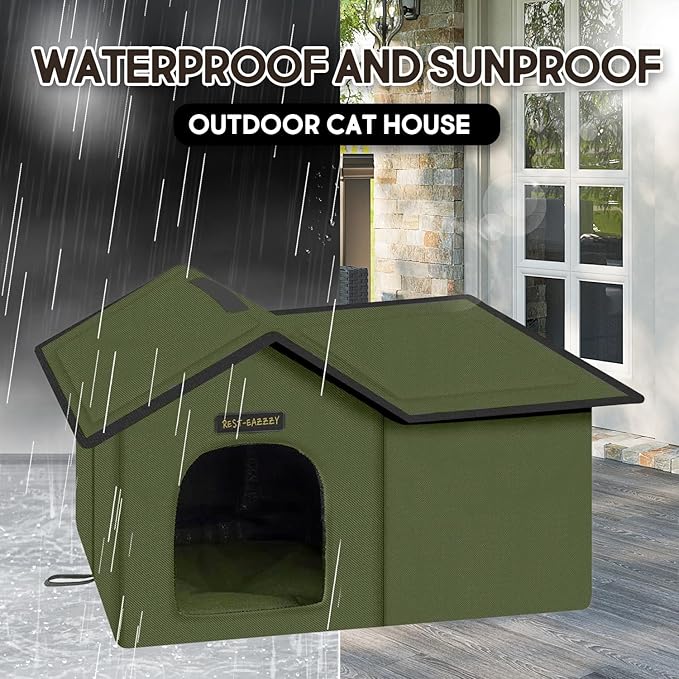 Rest-Eazzzy Cat House for Outdoor Cats, Weatherproof and Insulated Feral Cat House with Mat and Clip, Easy to Put Together, Selfwarming Cat Shelter for Summer(Green, Waterproof House-S)