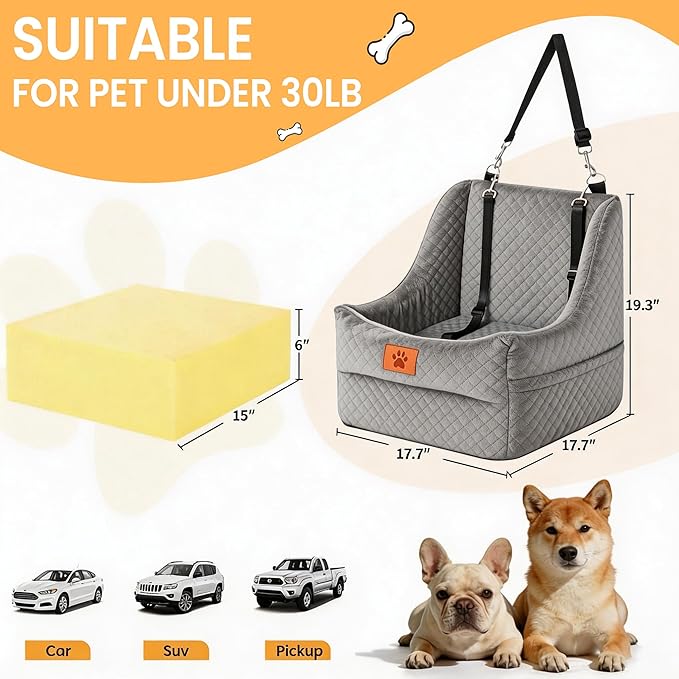 Dog Booster Car Seat for Small to Medium Dogs Up to 35 lbs, Elevated Pet Car Seat with 2 Safety Belts, Detachable Washable Cover, Non-Slip Stable Base, Front/Back Seat Travel Booster