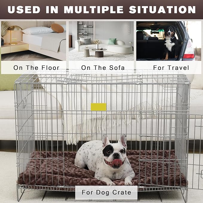 Washable Dog Bed Reversible Dog Beds for Crate Soft Fluffy Kennel Pad Anti-Slip Pet Sleeping Mat for Large Jumbo Medium Small Dogs (Brown, 48.00" x 30.00" x 1.50")