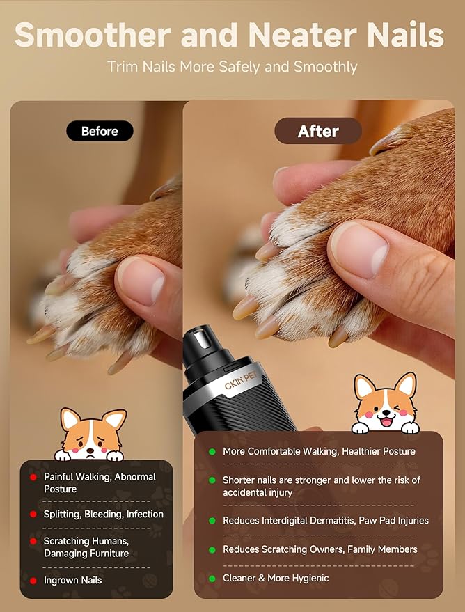 Dog Nail Grinder, Quiet Electric Dog Nail Trimmer with 2 LED Lights, 3-Speed Pet Nail Grinder for Dogs & Cats, Rechargeable 2000mAh Nail Grinder for Small Medium Large Dogs with Light, Black