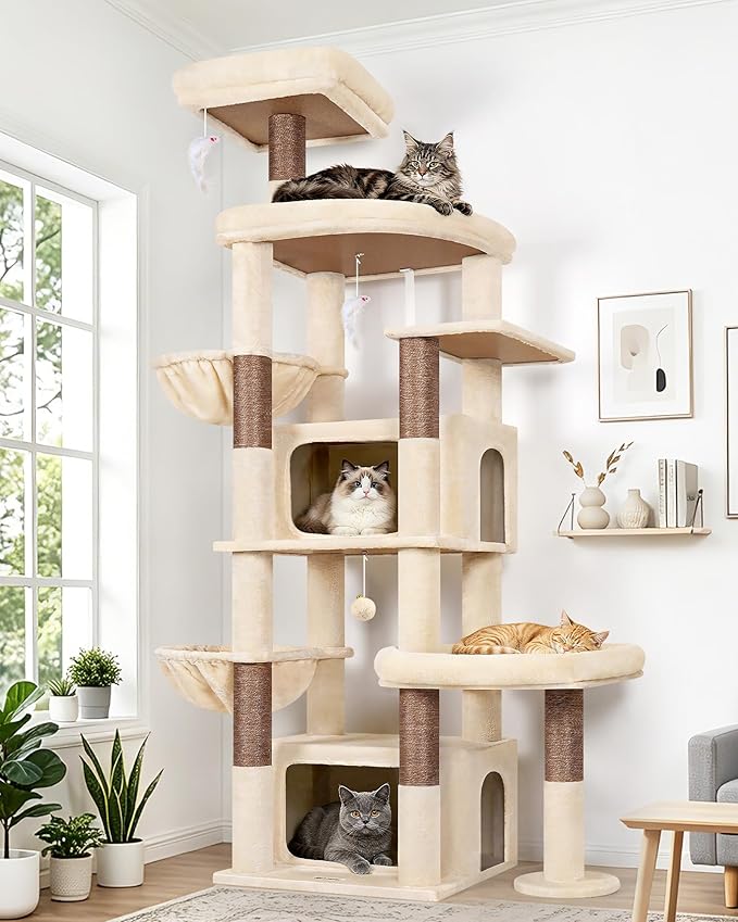 Globlazer 75in Sturdy Cat Tree for Large Cats, Heavy Duty Multi-Level Cat Tower for Indoor Cats with Extended Platform, 2 Spacious Condos, 2 Padded Perches, 6 Sisal Scratching Posts, S75, Beige
