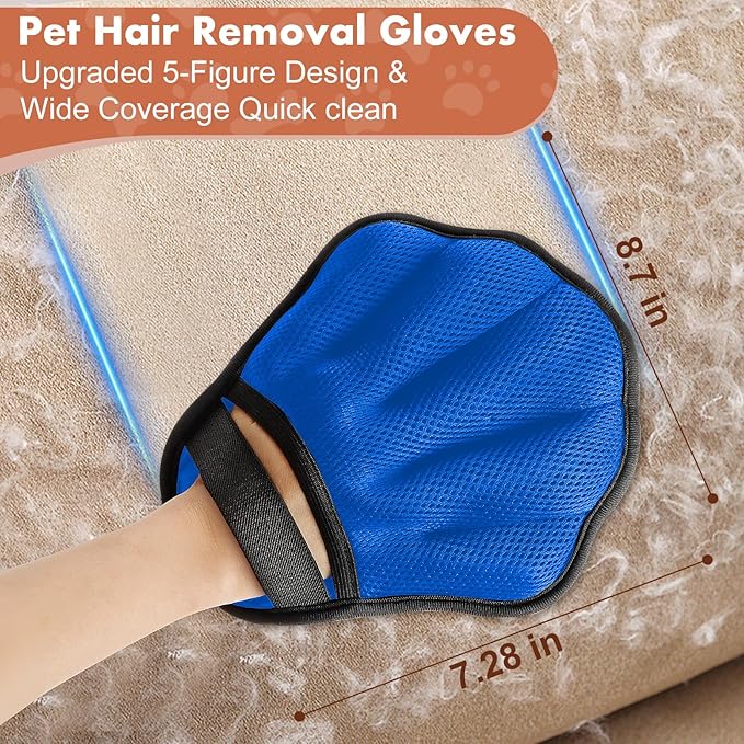 Pet Hair Removal Glove, Electrostatic Pet Hair Remover Glove for Cats & Dogs, Hair Remover Tools for Couch, Carpet, Clothing, Car Seat - Upgraded Five-Finger, Reusable，MediumBlue+LightGray